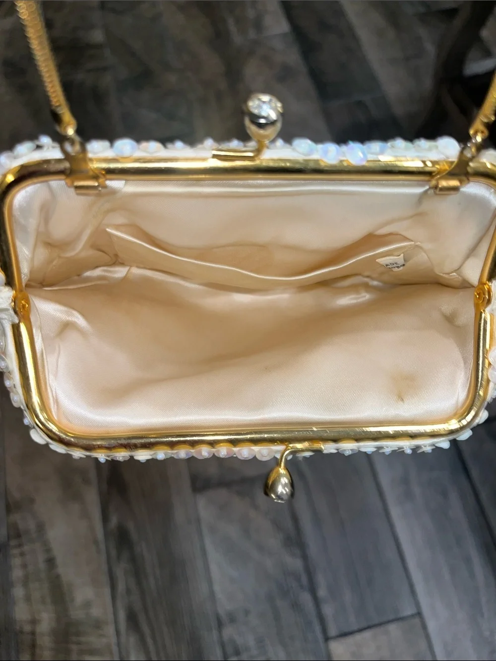 Vintage Iridescent White hand made intricate Sequin Evening Clutch w/Gold Chain